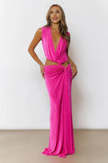 Slim-fit Mermaid Deep V Neck Twist Cutout Waist Fuchsia Maxi Prom Dress