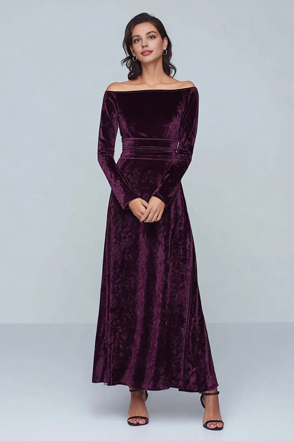 Sophisticated Graceful Stylish Refined Elegant Silver Velvet Long Sleeve Floor-Length Prom Dress