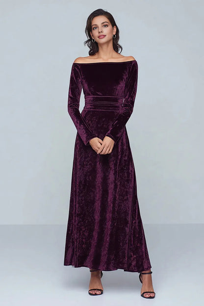 Sophisticated Graceful Stylish Refined Elegant Silver Velvet Long Sleeve Floor-Length Prom Dress