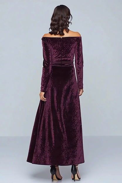 Sophisticated Graceful Stylish Refined Elegant Silver Velvet Long Sleeve Floor-Length Prom Dress