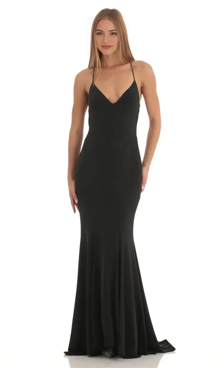 Black Mermaid - Inspired Prom Dress with Spaghetti Straps Deep V Neck and Flattering Fit Designed for Elegant Prom Celebrations