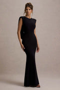 Black Mermaid -Style Prom Gown with Unique Shoulder Detail and Figure Hugging Fit for Glamorous Evenings