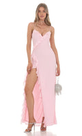 Blush Pink Prom Dress with Spaghetti Straps Ruffled V - Neck and Flattering Fit Designed for Elegant Prom Celebrations