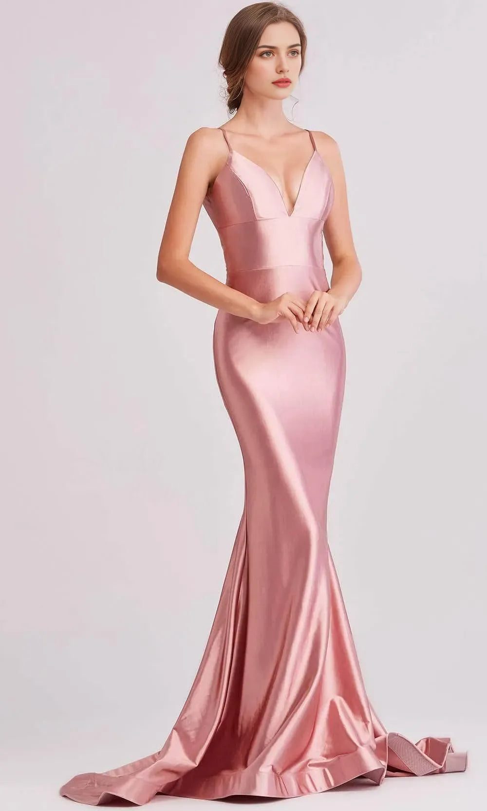 Blush Pink Evening Dress Spaghetti Straps Deep V - Neckline and Mermaid Train for Memorable Events
