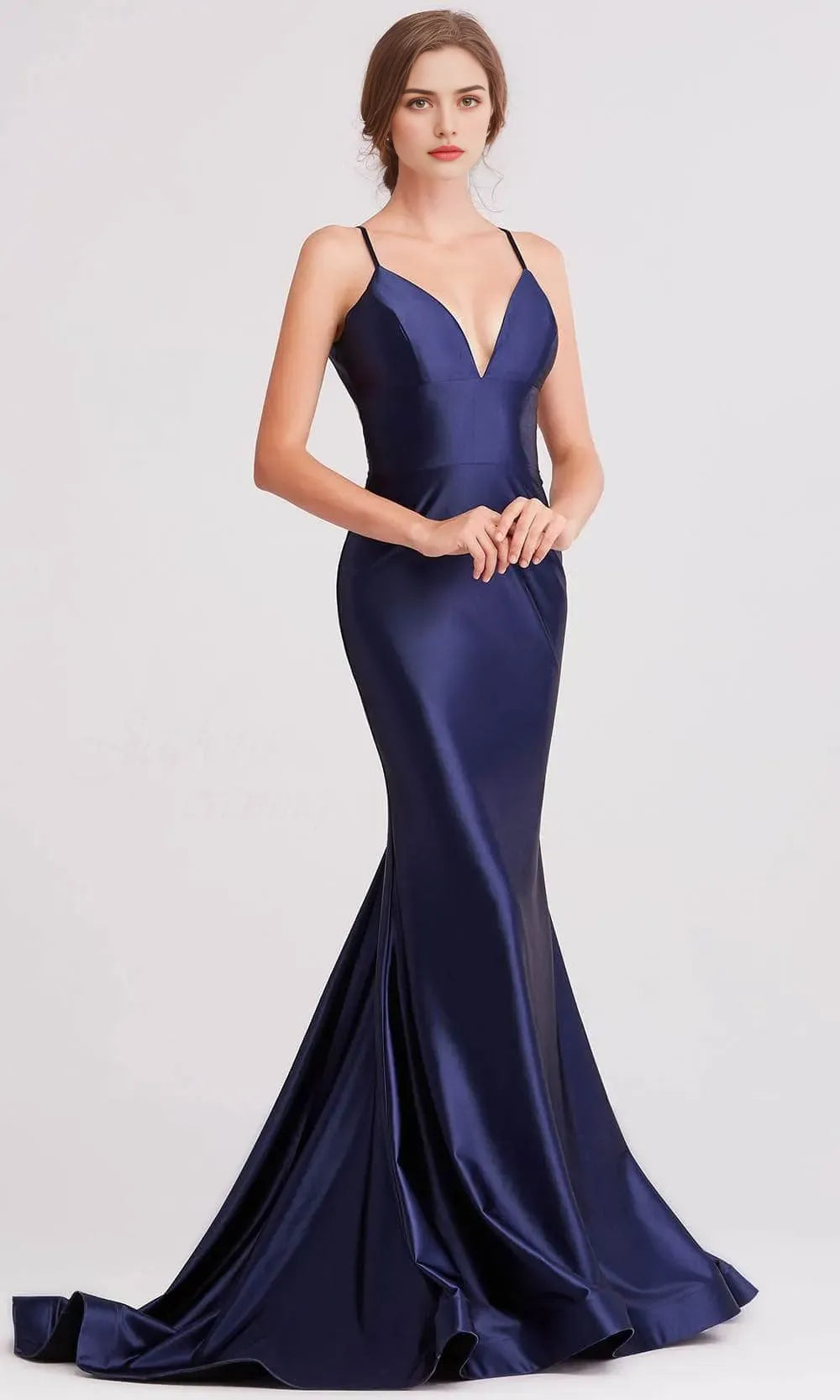 Blush Pink Evening Dress Spaghetti Straps Deep V - Neckline and Mermaid Train for Memorable Events