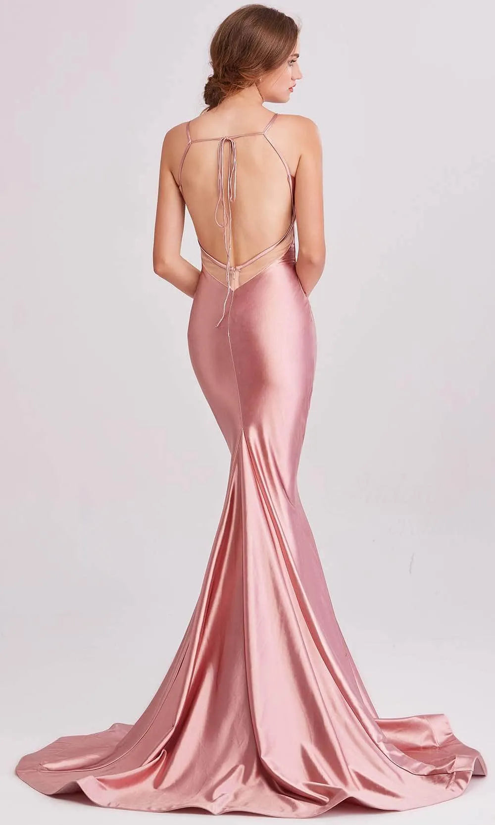 Blush Pink Evening Dress Spaghetti Straps Deep V - Neckline and Mermaid Train for Memorable Events