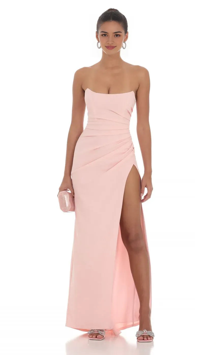 Blush Pink Strapless Prom Dress with Ruched Bodice High Side Slit and Flattering Fit Designed for Elegant Prom Celebrations
