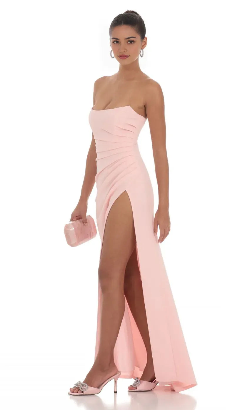 Blush Pink Strapless Prom Dress with Ruched Bodice High Side Slit and Flattering Fit Designed for Elegant Prom Celebrations