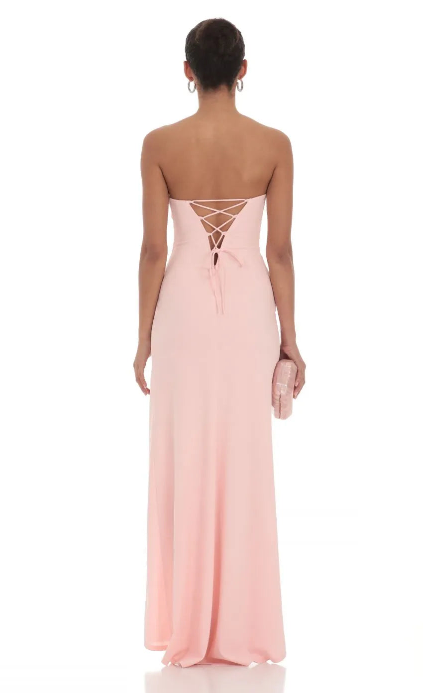 Blush Pink Strapless Prom Dress with Ruched Bodice High Side Slit and Flattering Fit Designed for Elegant Prom Celebrations