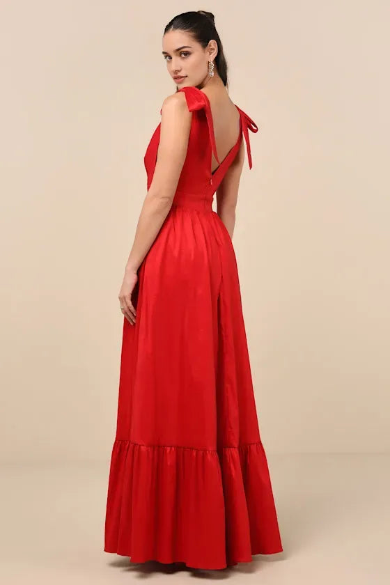 Red Bow - Strap Prom Dress in with Plunging V - Neckline Tiered Ruffle Skirt and for Formal Events
