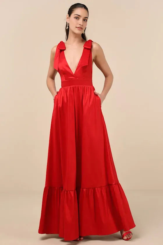 Red Bow - Strap Prom Dress in with Plunging V - Neckline Tiered Ruffle Skirt and for Formal Events