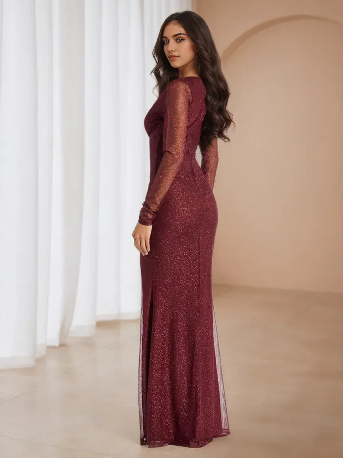 Burgundy Dress Plunge V Neck Cut Out Bodice Side Slit for Red Carpet Proms