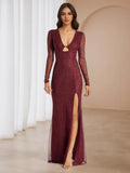Burgundy Dress Plunge V Neck Cut Out Bodice Side Slit for Red Carpet Proms