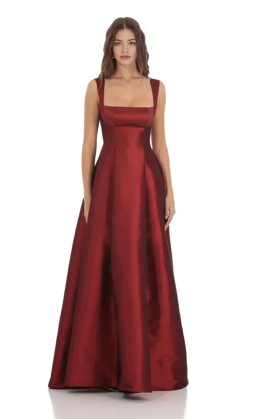 Burgundy Prom Dress with Square Neckline Wide Straps and Flattering Fit Designed for Elegant Prom Celebrations