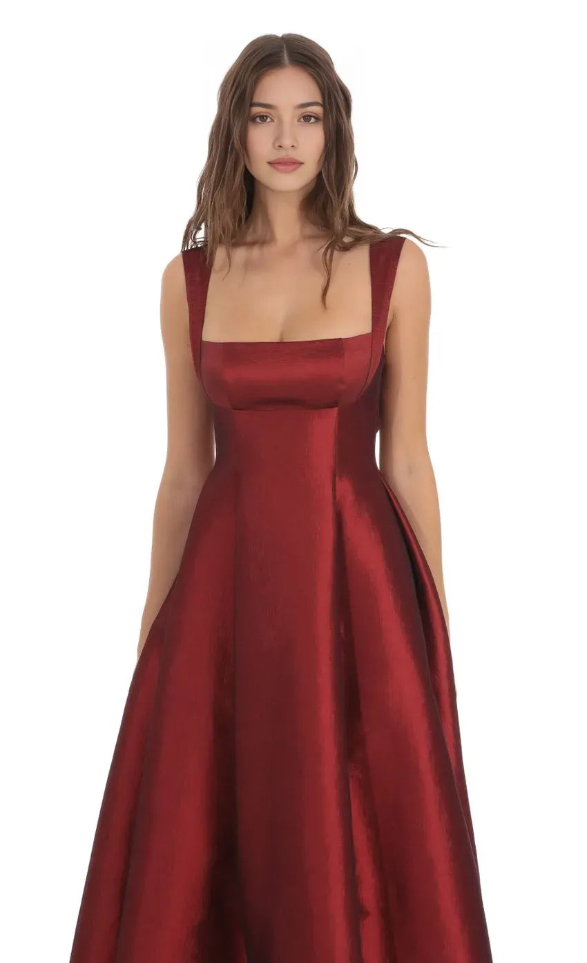 Burgundy Prom Dress with Square Neckline Wide Straps and Flattering Fit Designed for Elegant Prom Celebrations