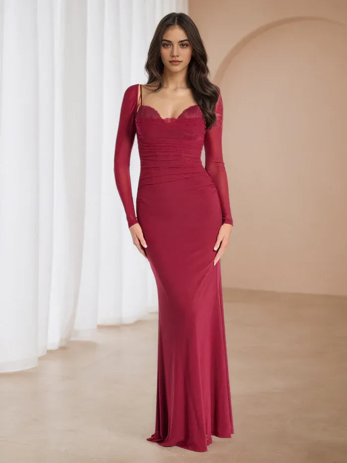 Burgundy Long - Sleeve Ruched Prom Dress - Elegant Evening Gown