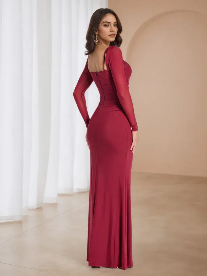 Burgundy Long - Sleeve Ruched Prom Dress - Elegant Evening Gown