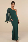 Green Dark One - Shoulder Evening Dresses with Sheer Sleeve Subtle Slit Understated Grace for Formal Events