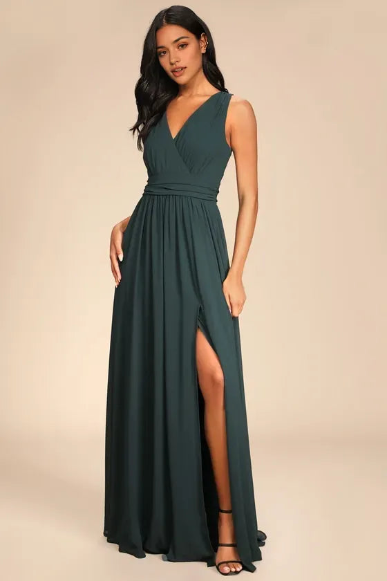 Green Dark Prom Dresses Deep V Neck Ruched Waist Side Slit for Poised Allure