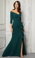 Green Emerald Off - Shoulder Evening Dress 3/4 Sleeves Ruched Bodice Ruffle Accent and High Thigh Slit for Memorable Events