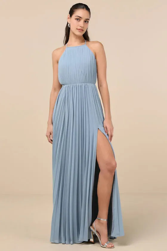 Blue Halter - Neck Prom Dress in Dusty with Pleated Bodice and High - Slit Design for Formal Events