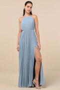 Blue Halter - Neck Prom Dress in Dusty with Pleated Bodice and High - Slit Design for Formal Events