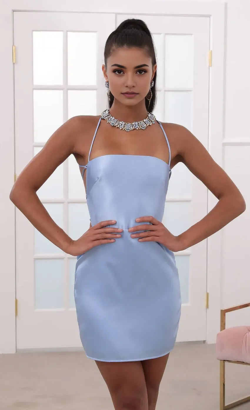 Sky Blue Halter Neck Homecoming Dress in Sky Open Back Detai Bodycon Fit Luxe Sheen for School Galas
