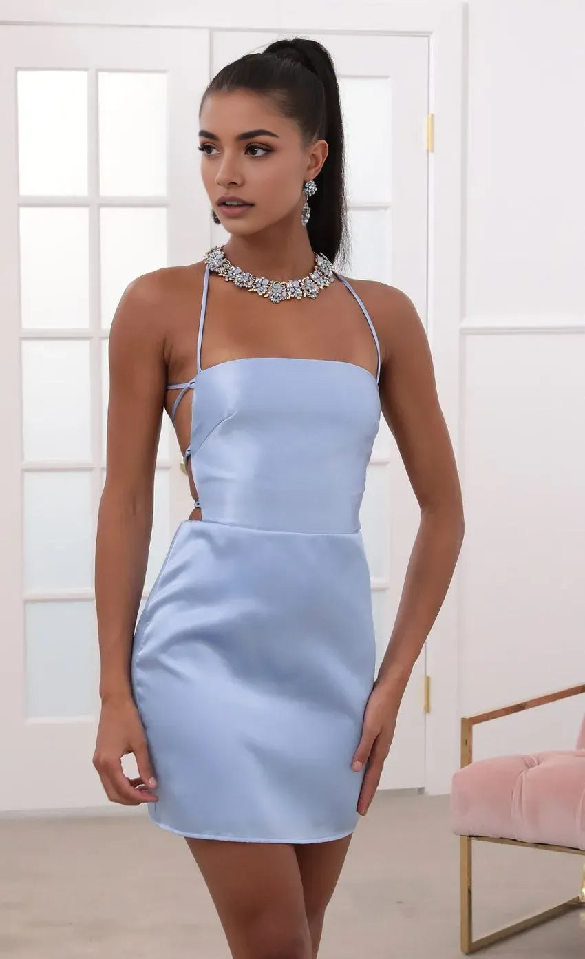 Sky Blue Halter Neck Homecoming Dress in Sky Open Back Detai Bodycon Fit Luxe Sheen for School Galas
