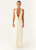 Ivory Prom Dress Halter Neck Plunging V-Neck Gold Floral Detail Bodycon Silhouette for Formal Occasions