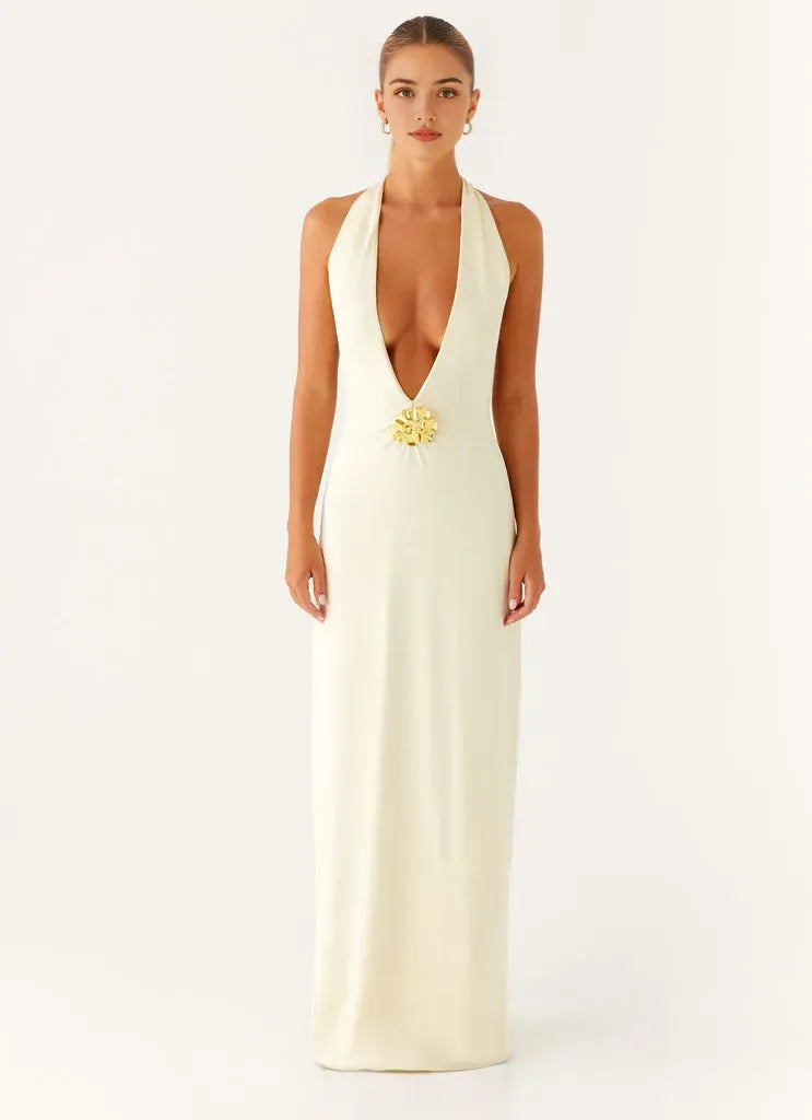 Ivory Prom Dress Halter Neck Plunging V-Neck Gold Floral Detail Bodycon Silhouette for Formal Occasions
