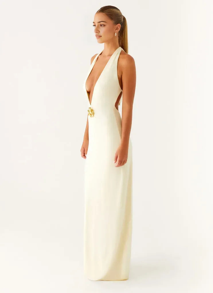 Ivory Prom Dress Halter Neck Plunging V-Neck Gold Floral Detail Bodycon Silhouette for Formal Occasions