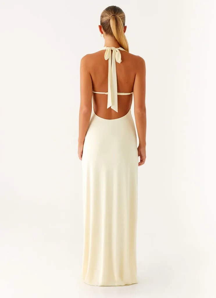 Ivory Prom Dress Halter Neck Plunging V-Neck Gold Floral Detail Bodycon Silhouette for Formal Occasions