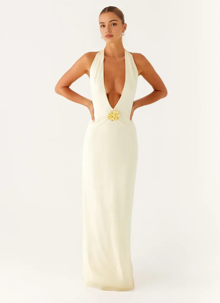 Ivory Prom Dress Halter Neck Plunging V-Neck Gold Floral Detail Bodycon Silhouette for Formal Occasions