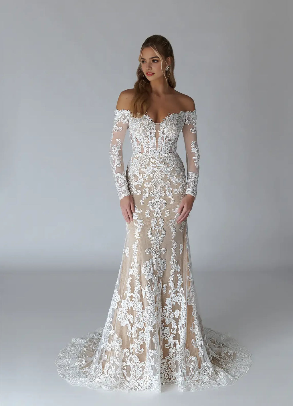 White Diamond Nude A-Line V-Neck Sequins Wedding Gown Off Shoulder Neckline Sheer Sleeves Hand Illusion Skirt Train