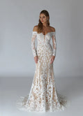 White Diamond Nude A-Line V-Neck Sequins Wedding Gown Off Shoulder Neckline Sheer Sleeves Hand Illusion Skirt Train