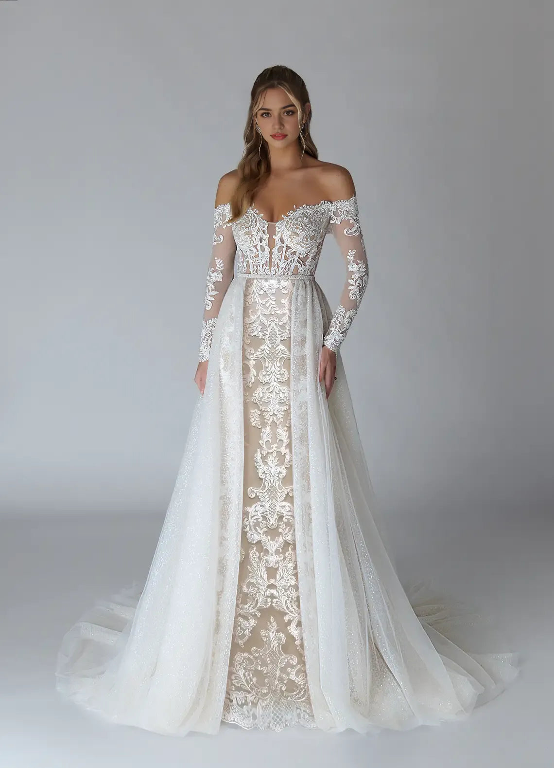 White Diamond Nude A-Line V-Neck Sequins Wedding Gown Off Shoulder Neckline Sheer Sleeves Hand Illusion Skirt Train