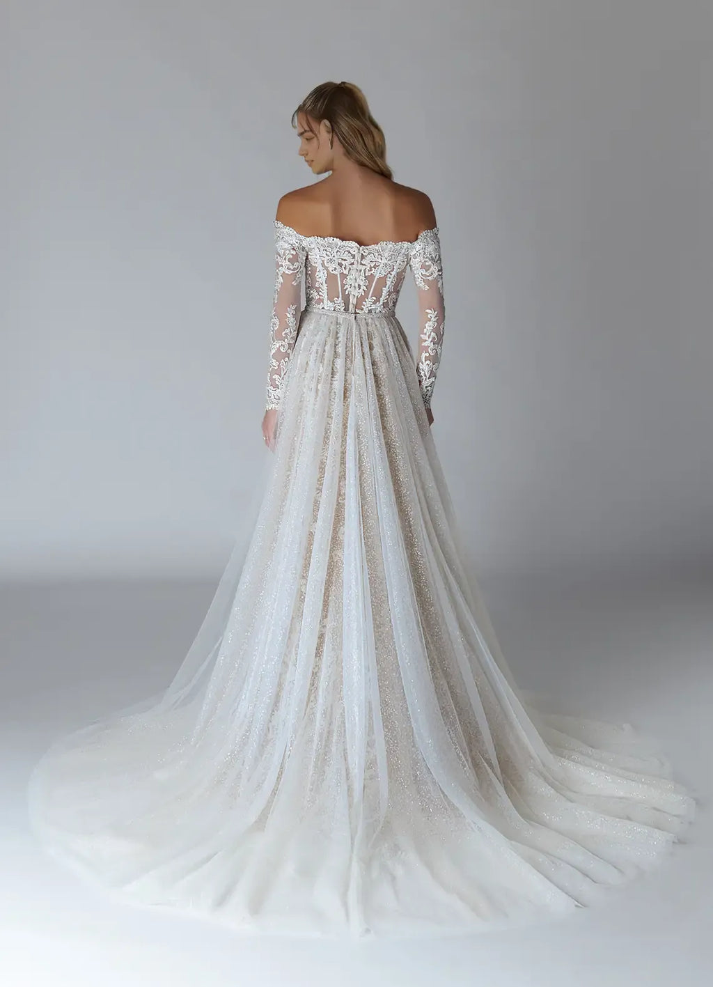 White Diamond Nude A-Line V-Neck Sequins Wedding Gown Off Shoulder Neckline Sheer Sleeves Hand Illusion Skirt Train