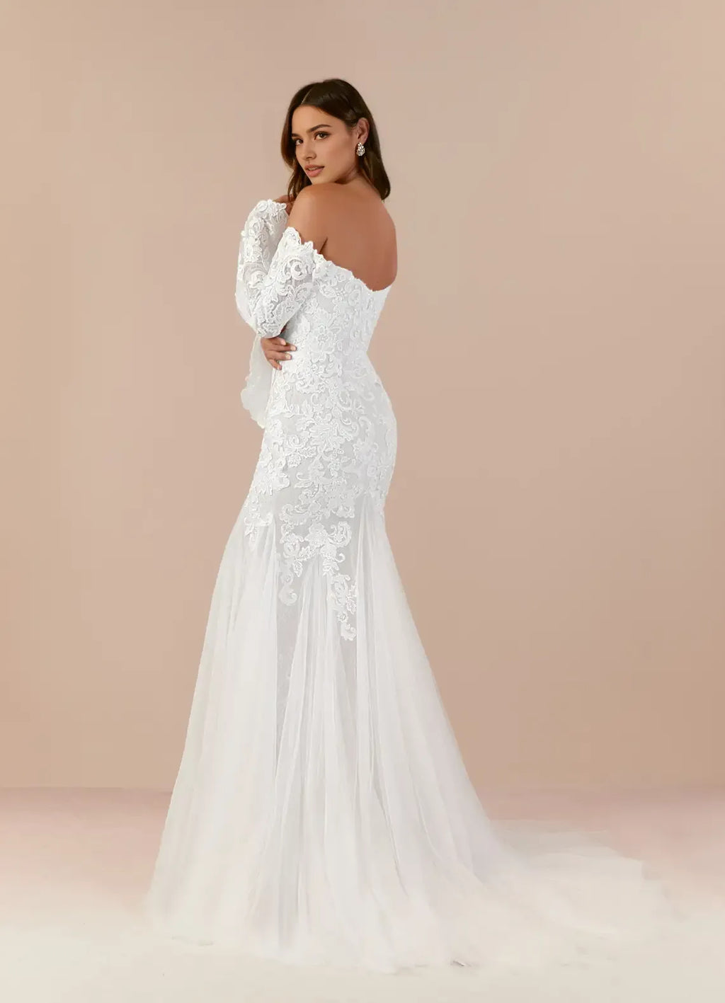 Mermaid Sweetheart Sequins Wedding Gown Off - Shoulder Bell Sleeves Sheer Overlay Floral Embroidery Mermaid Train Designed