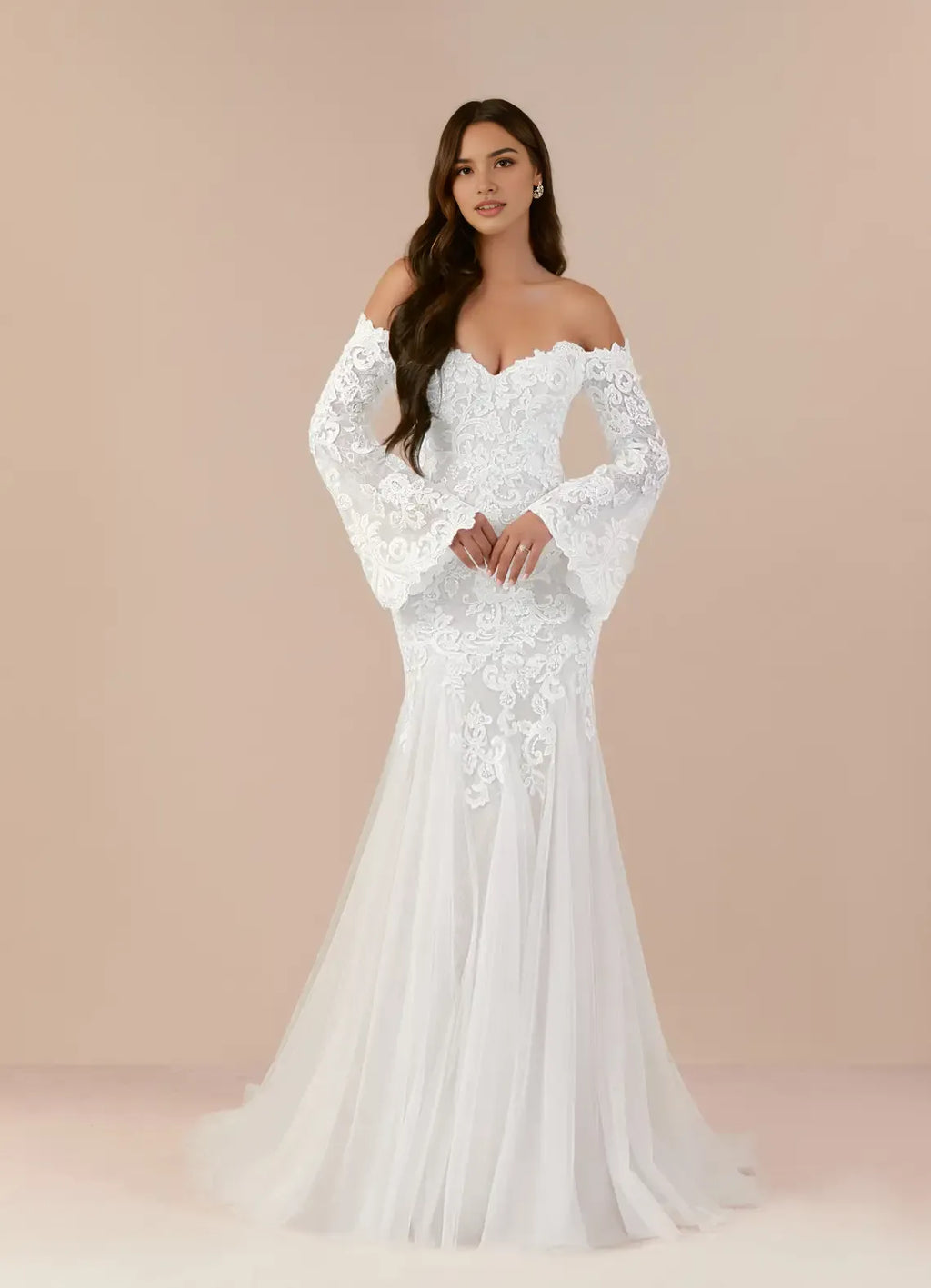 Mermaid Sweetheart Sequins Wedding Gown Off - Shoulder Bell Sleeves Sheer Overlay Floral Embroidery Mermaid Train Designed