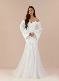 Mermaid Sweetheart Sequins Wedding Gown Off - Shoulder Bell Sleeves Sheer Overlay Floral Embroidery Mermaid Train Designed