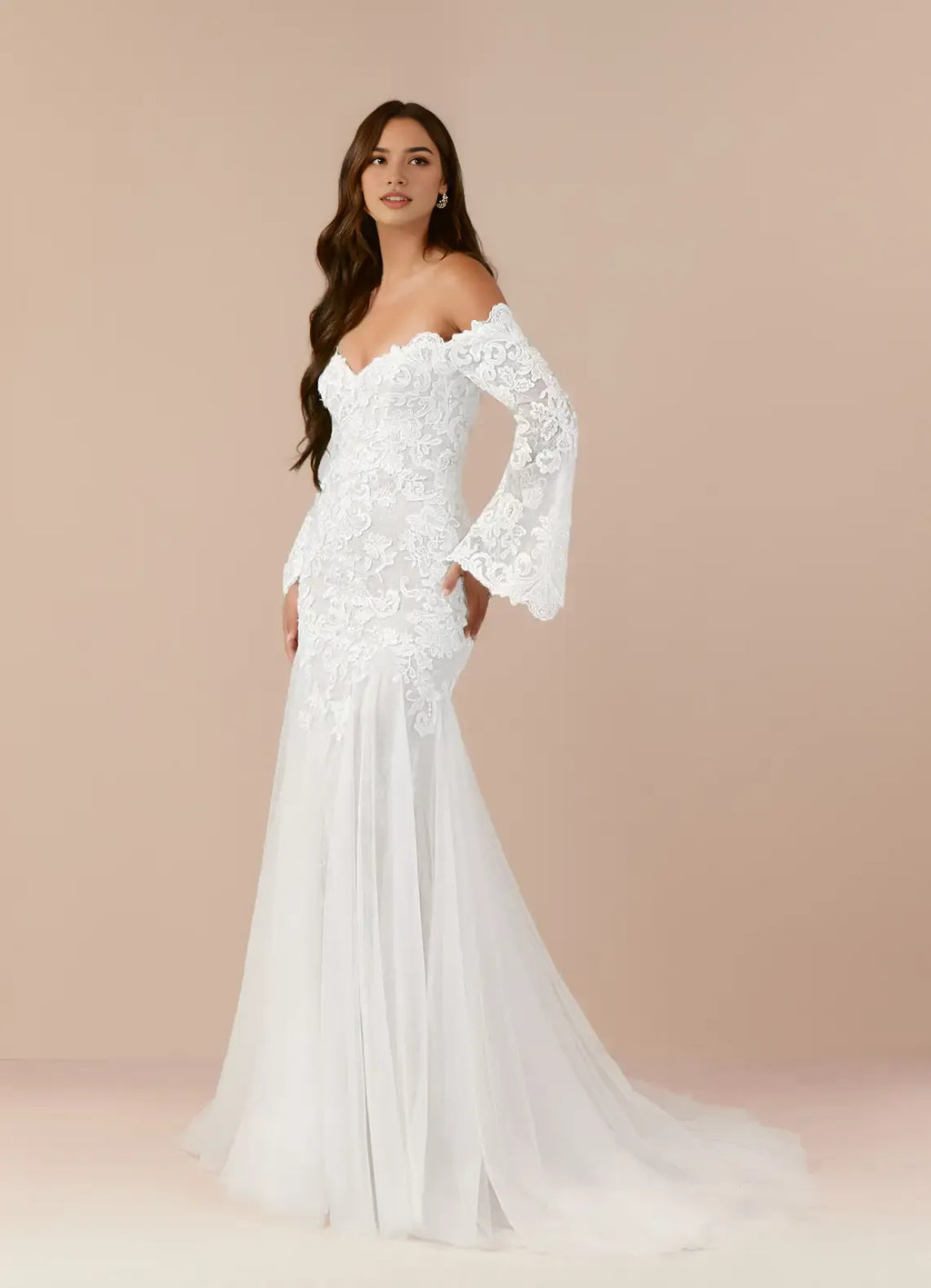 Mermaid Sweetheart Sequins Wedding Gown Off - Shoulder Bell Sleeves Sheer Overlay Floral Embroidery Mermaid Train Designed