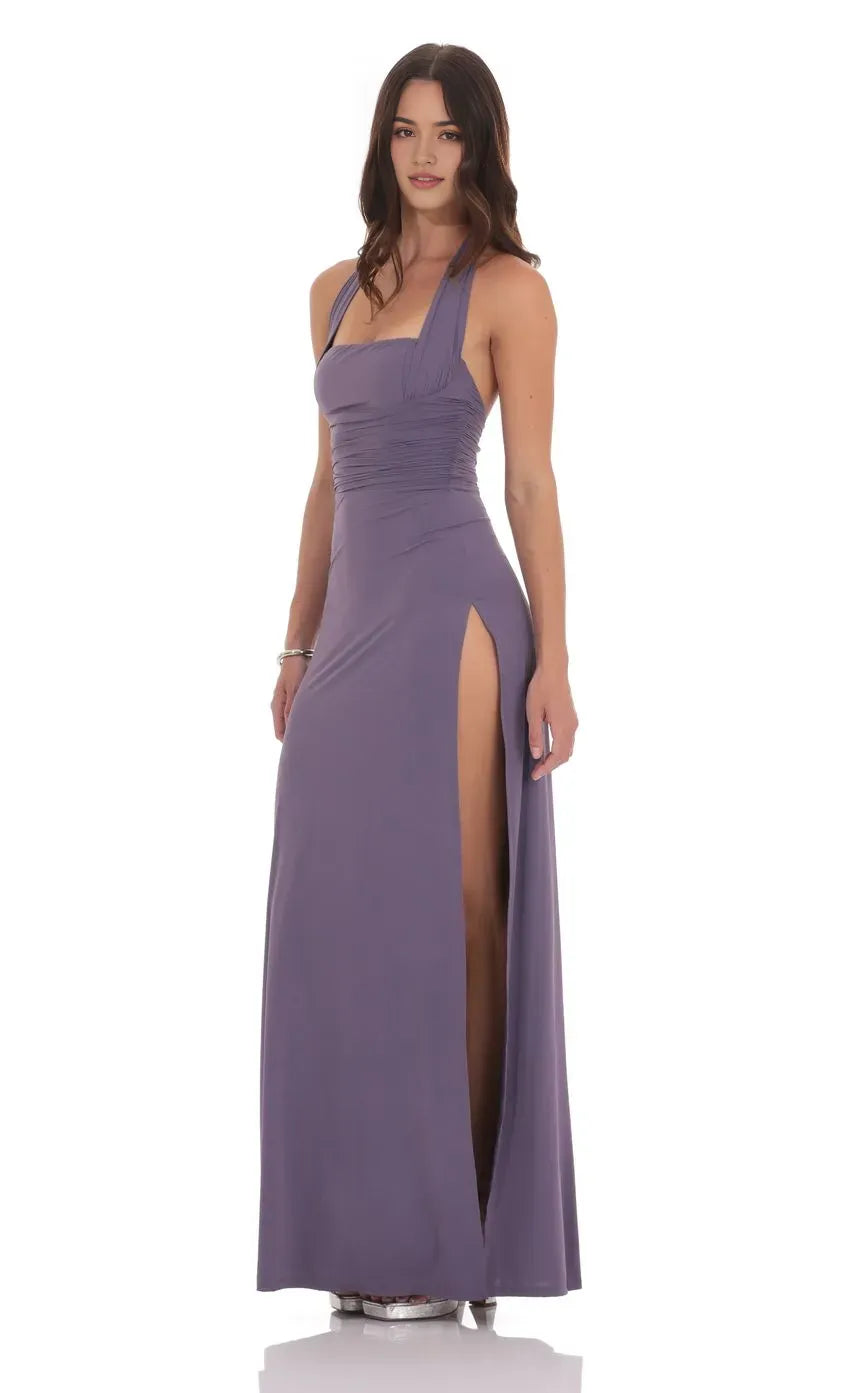 Lavender Halter Prom Dress with Ruched Bodice High Side Slit Elegant Silhouette Designed for Elegant Celebrations