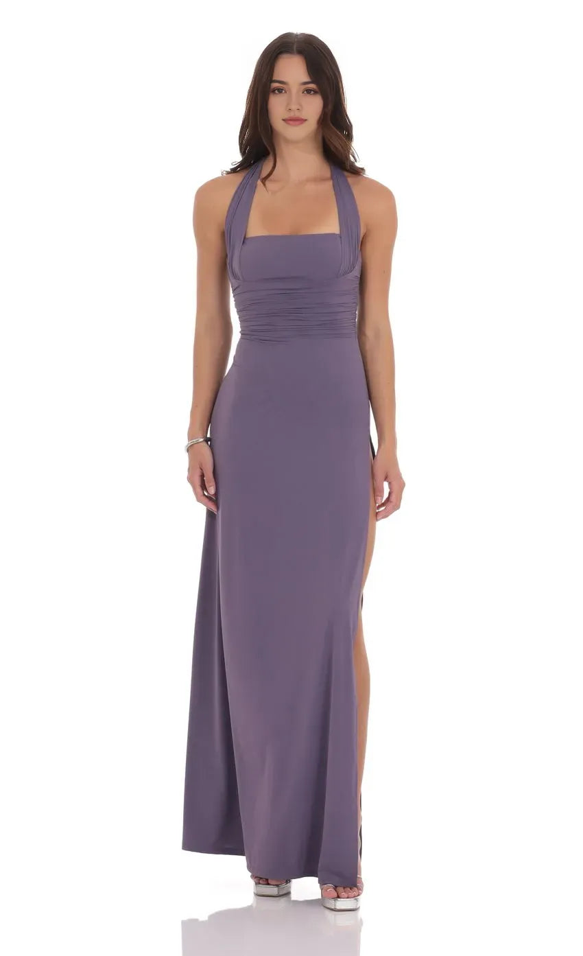 Lavender Halter Prom Dress with Ruched Bodice High Side Slit Elegant Silhouette Designed for Elegant Celebrations