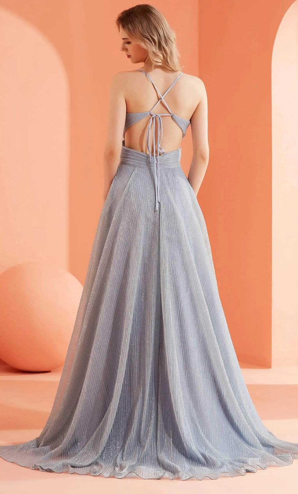 Light Blue Sparkle Evening Dress Spaghetti Straps Deep V - Neckline Ruched Bodice and High Thigh Slit