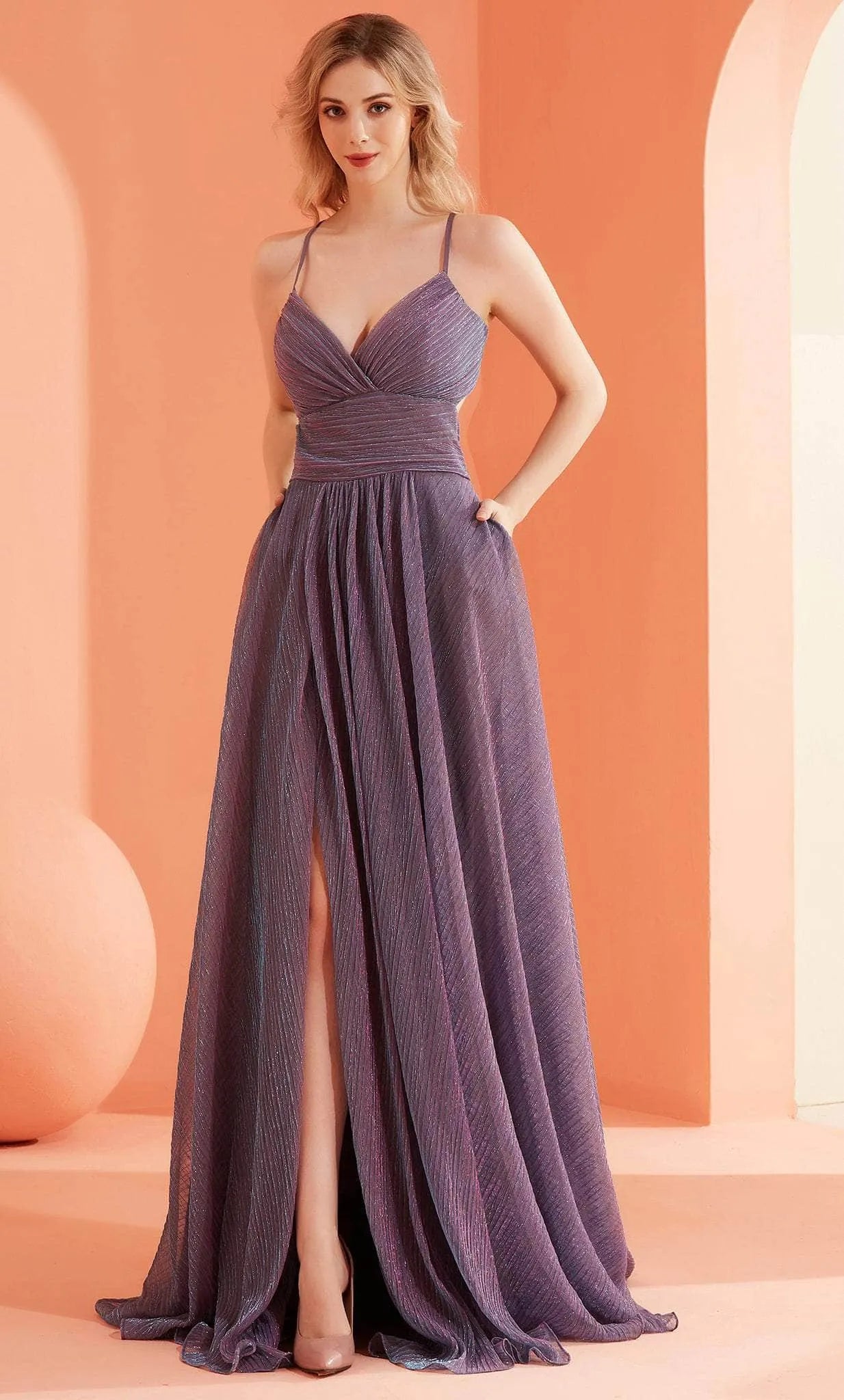 Light Blue Sparkle Evening Dress Spaghetti Straps Deep V - Neckline Ruched Bodice and High Thigh Slit