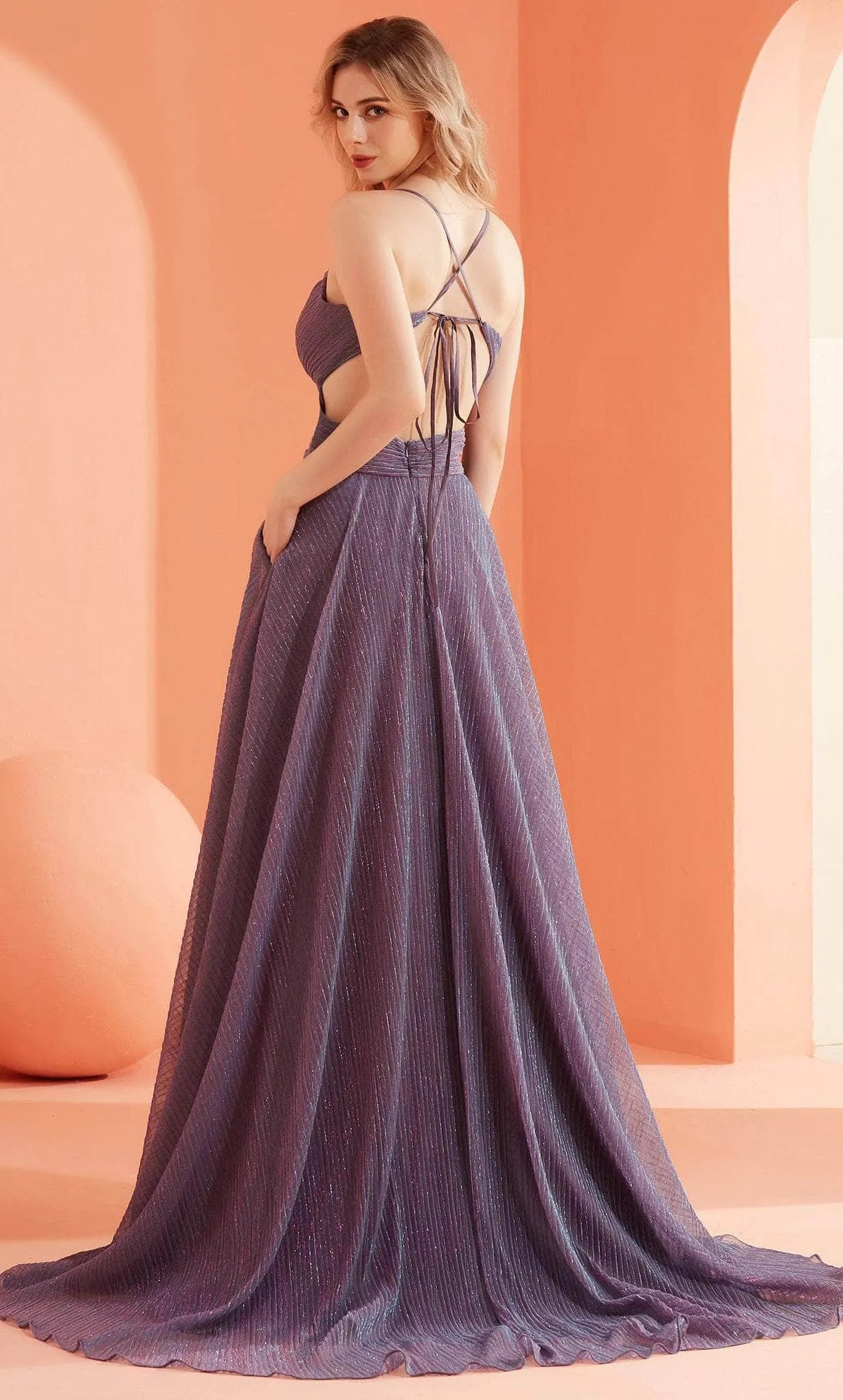 Light Blue Sparkle Evening Dress Spaghetti Straps Deep V - Neckline Ruched Bodice and High Thigh Slit