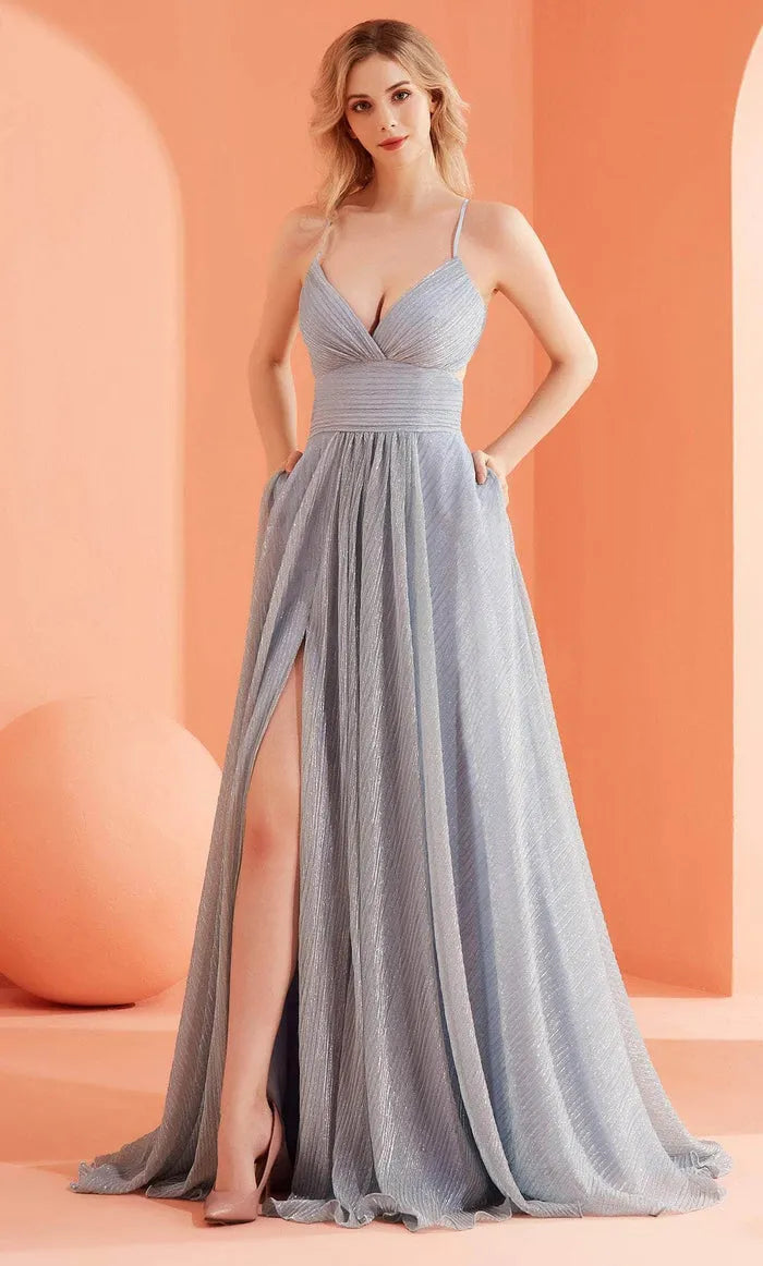 Light Blue Sparkle Evening Dress Spaghetti Straps Deep V - Neckline Ruched Bodice and High Thigh Slit