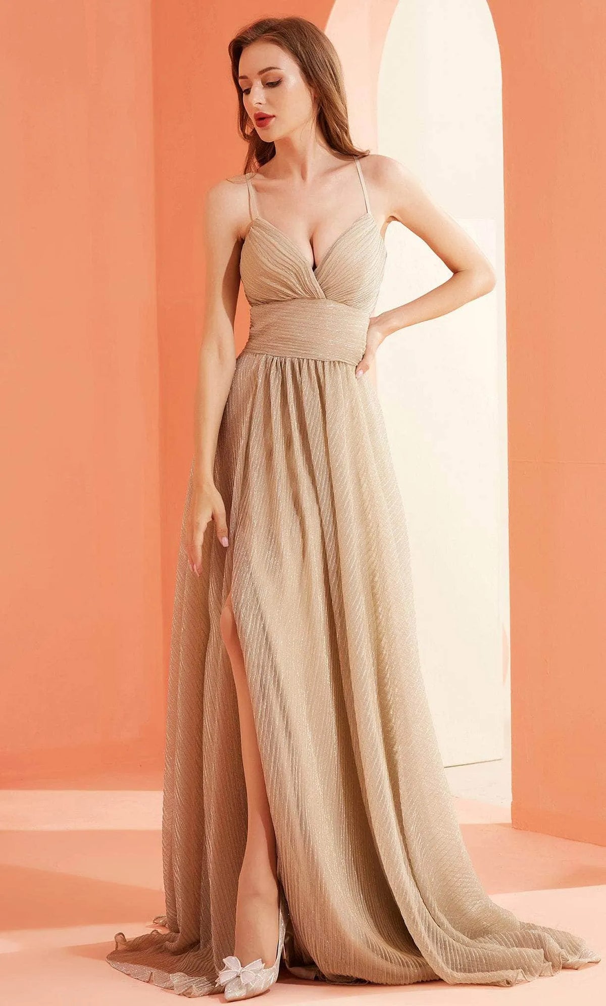 Light Blue Sparkle Evening Dress Spaghetti Straps Deep V - Neckline Ruched Bodice and High Thigh Slit