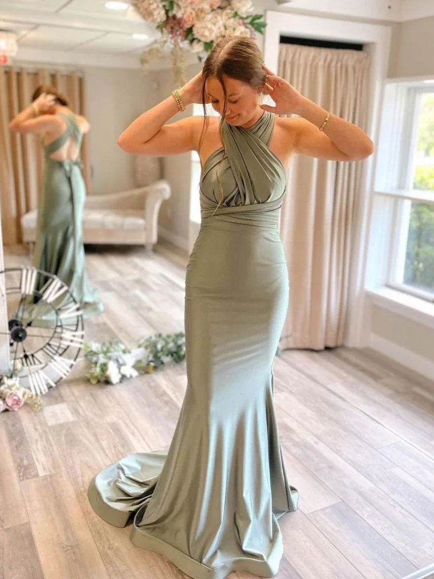 Sage Green Mermaid Halter Neck Bowed Floor-Length Prom Dress