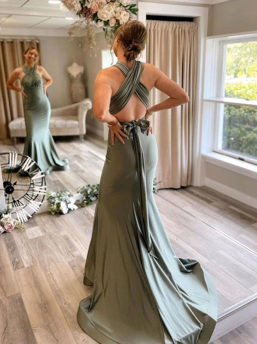 Sage Green Mermaid Halter Neck Bowed Floor-Length Prom Dress